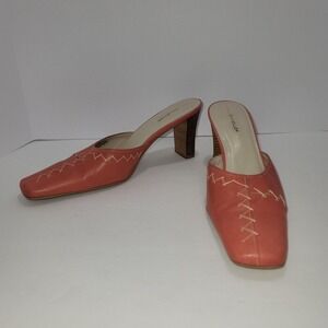Danelle Women 8.5M Cone Heel Mules Coral Leather Boho Festival Y2K office Career
